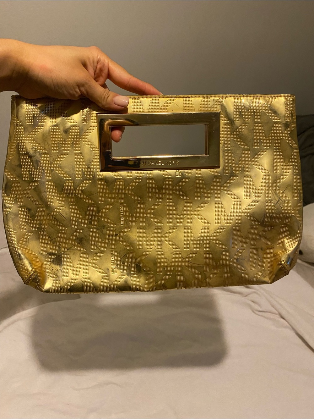 Michael Kors Metallic Gold MK Logo Cutout Handle Clutch